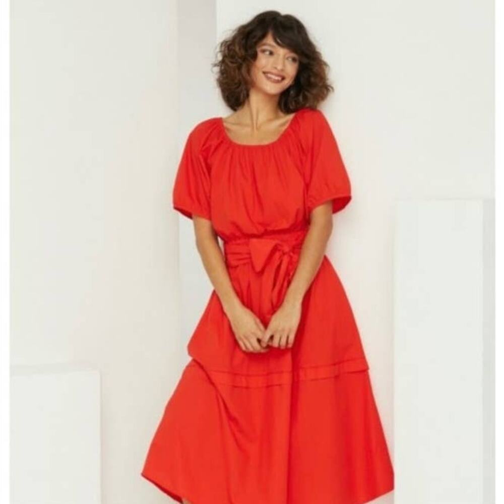 NWT Roller Rabbit Arria Puff Sleeve Scarlet Red‎ Midi Dress Size XS
